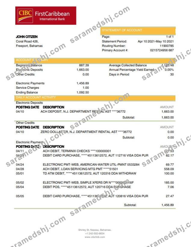 Bahamas FirstCaribbean International Bank bank statement